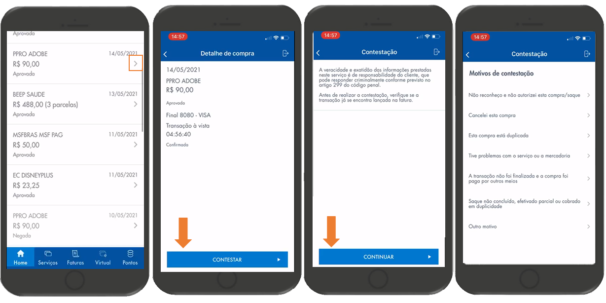 Telas do App Cartões sobre como contestar compras no crédito.